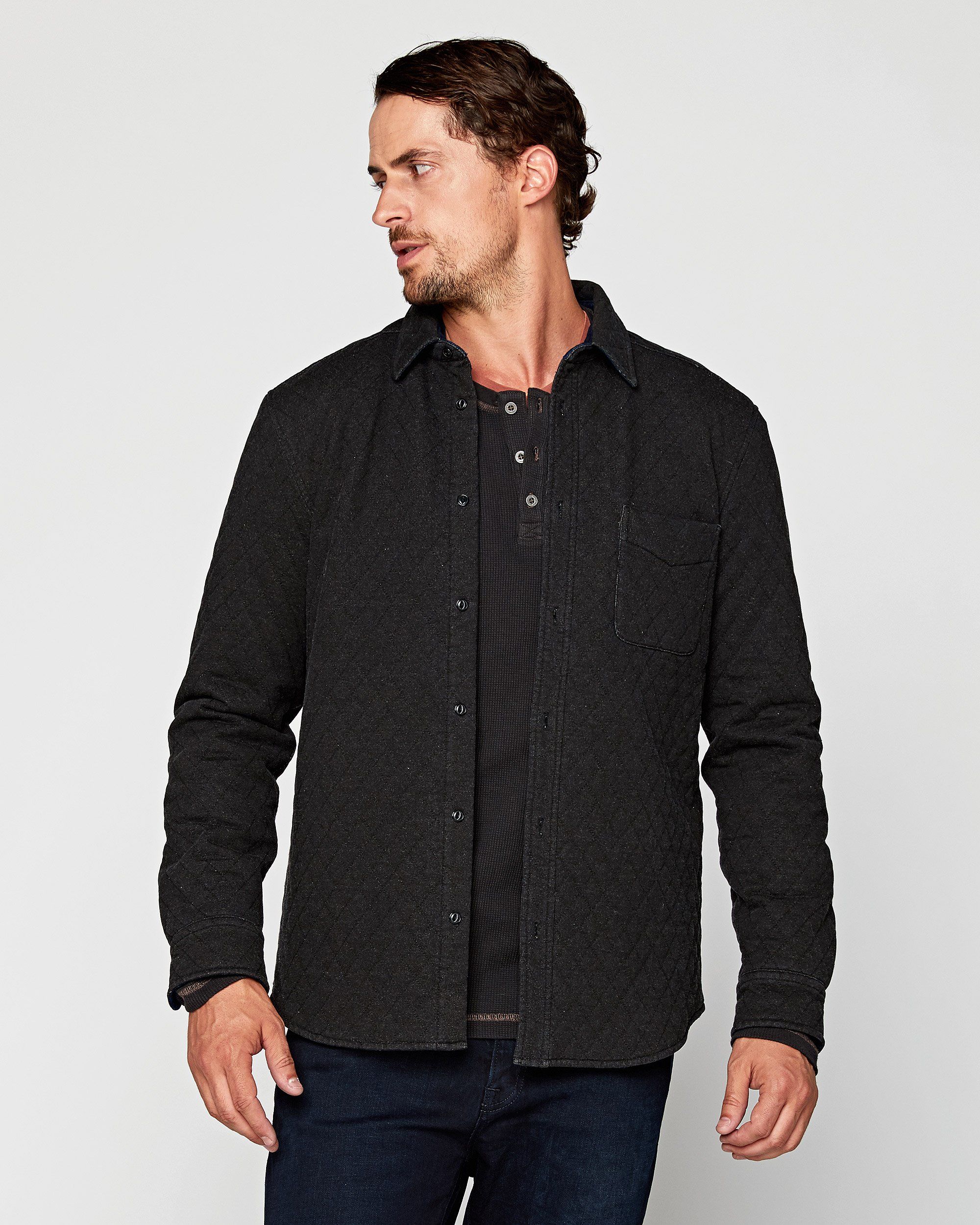 Agave Denim Trip Quilted Knit Shirt Jacket in Black