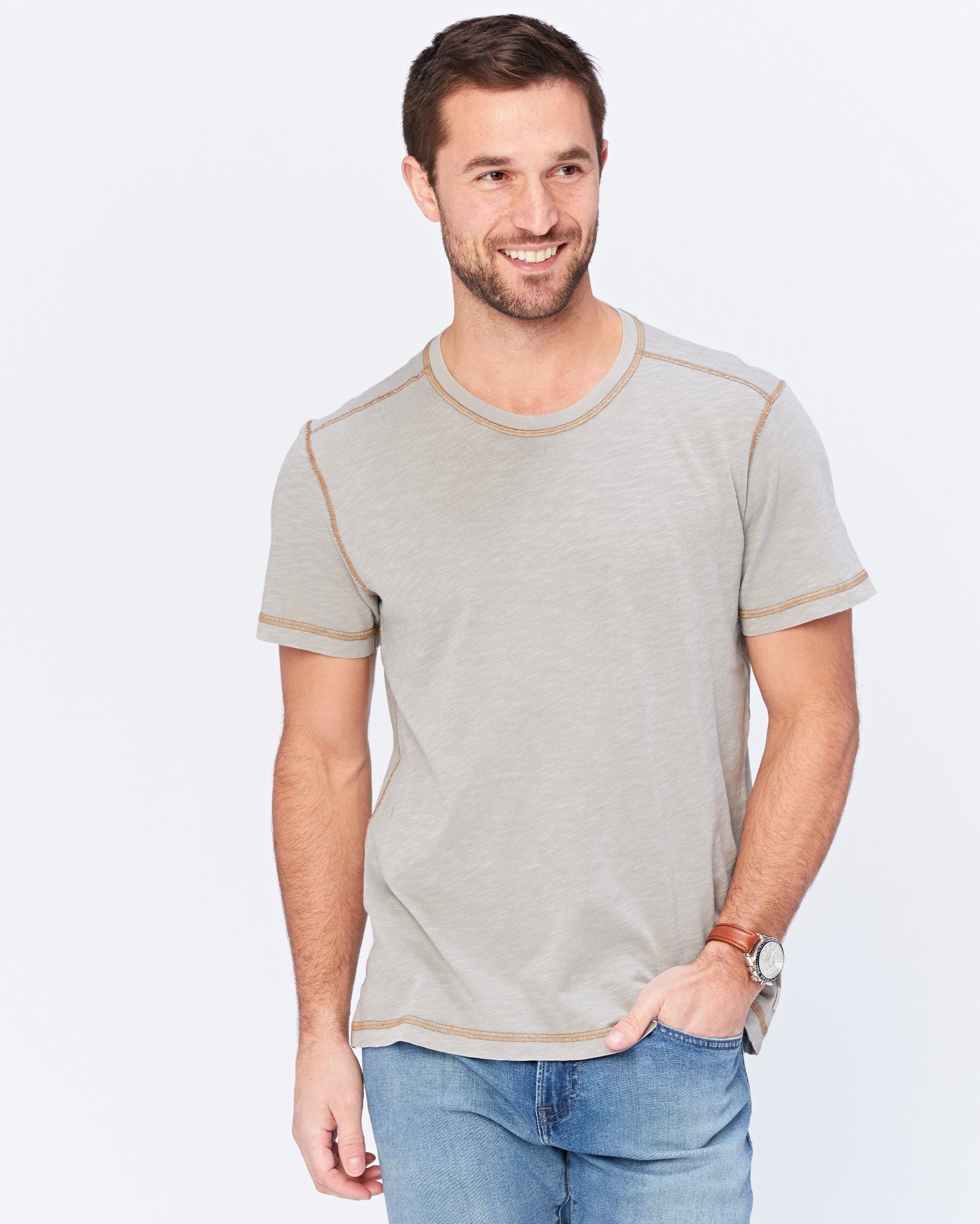Agave Denim Skeg Short Sleeve Slub Jersey Crew in Beige
