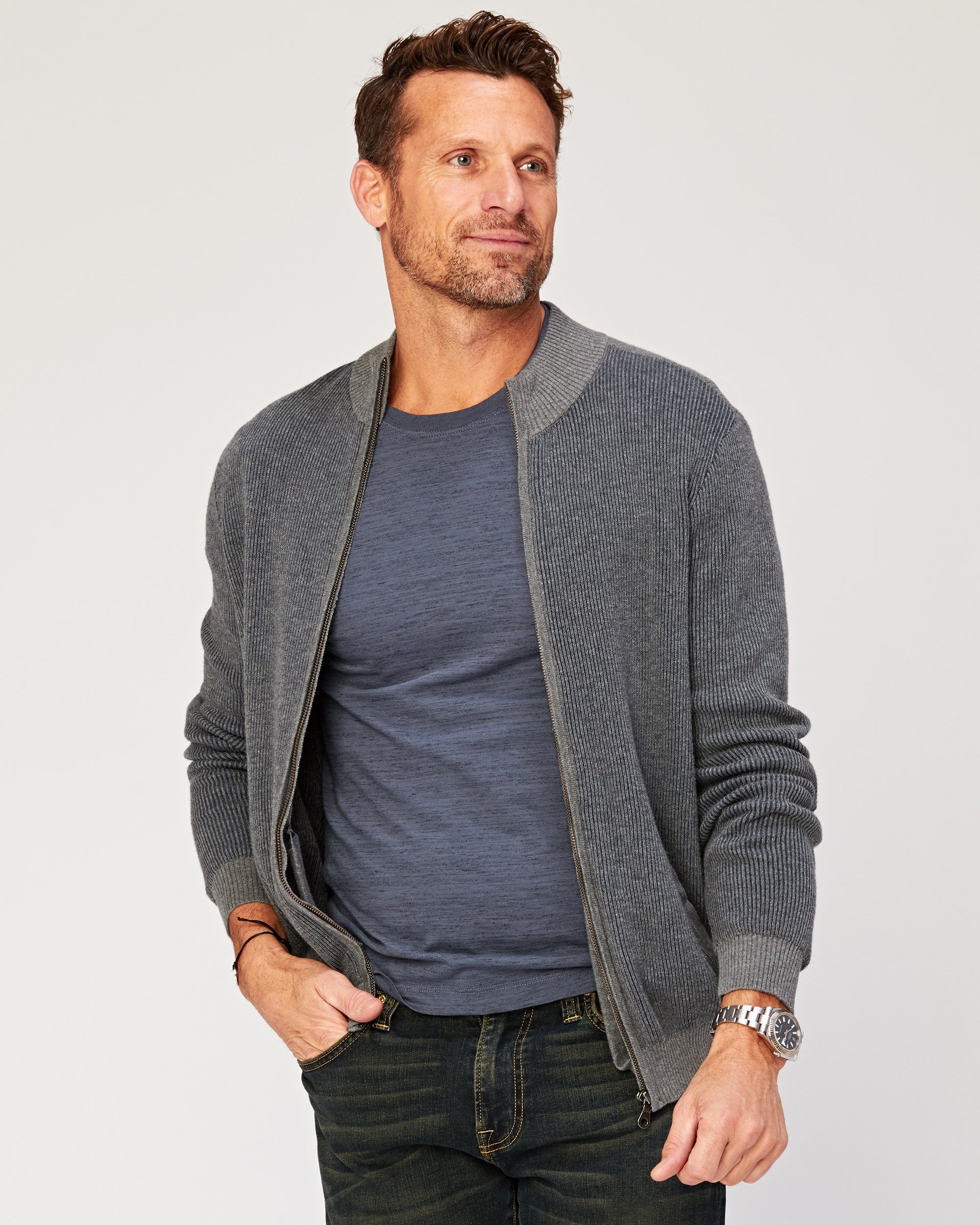 Agave Denim Beacon Full-Zip Mock Sweater in Grey